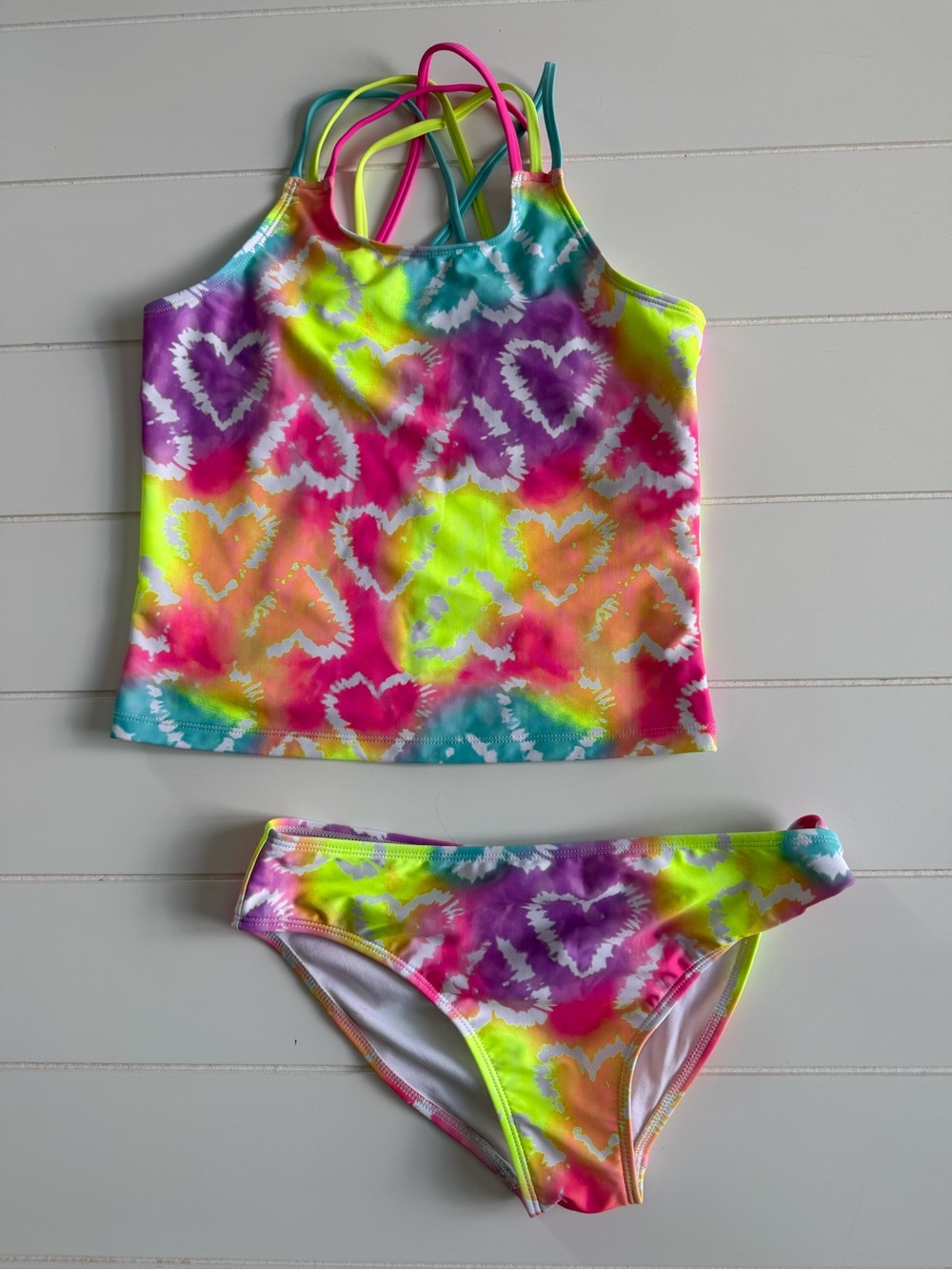 The Children's Place Neon Tie-Dye Heart Tankini in Pink, Yellow, Green, Blue